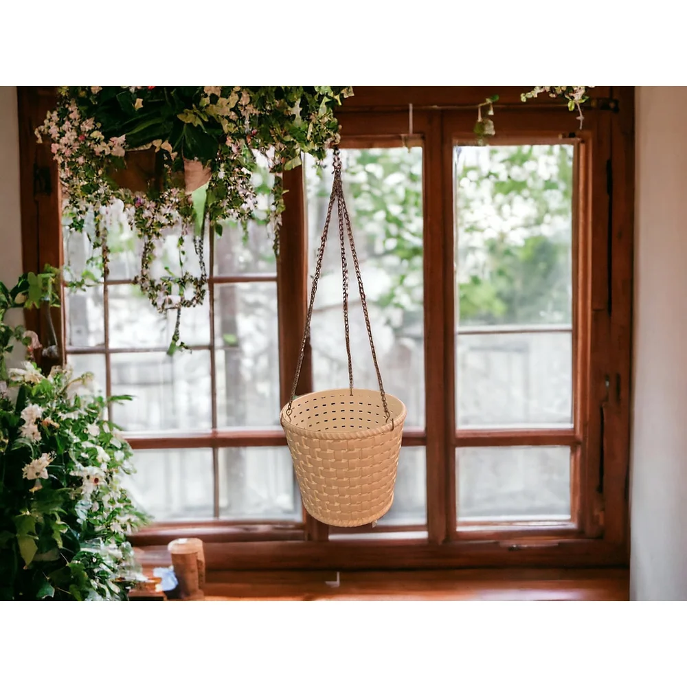 MCM 70s Planter removable Gold Hanging Chains MidCentury White Basketweave Mint
